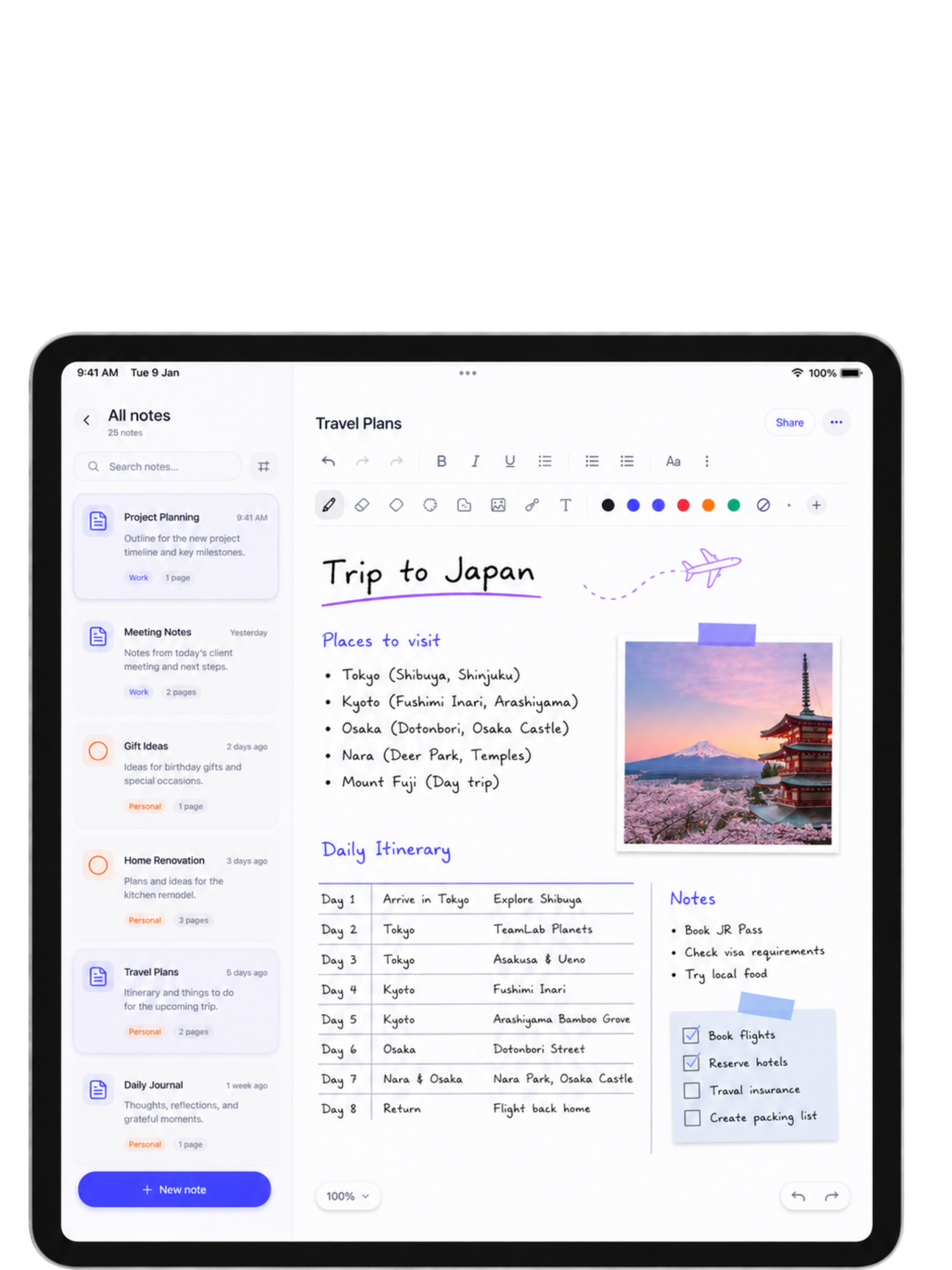 Zentygo Travel Plans showing collaborative note-taking with images and checklists